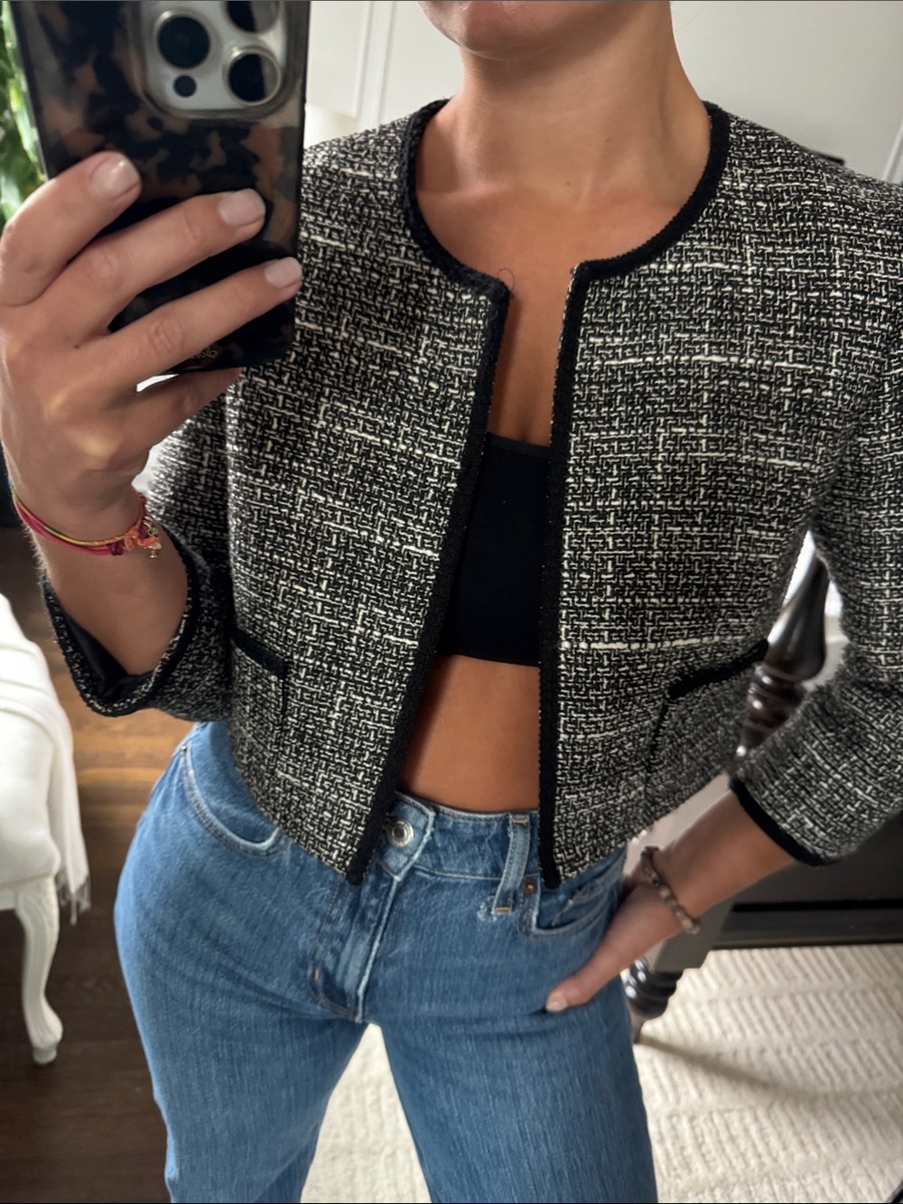Tahari ASL Black & White Tweed Cropped Collarless Blazer